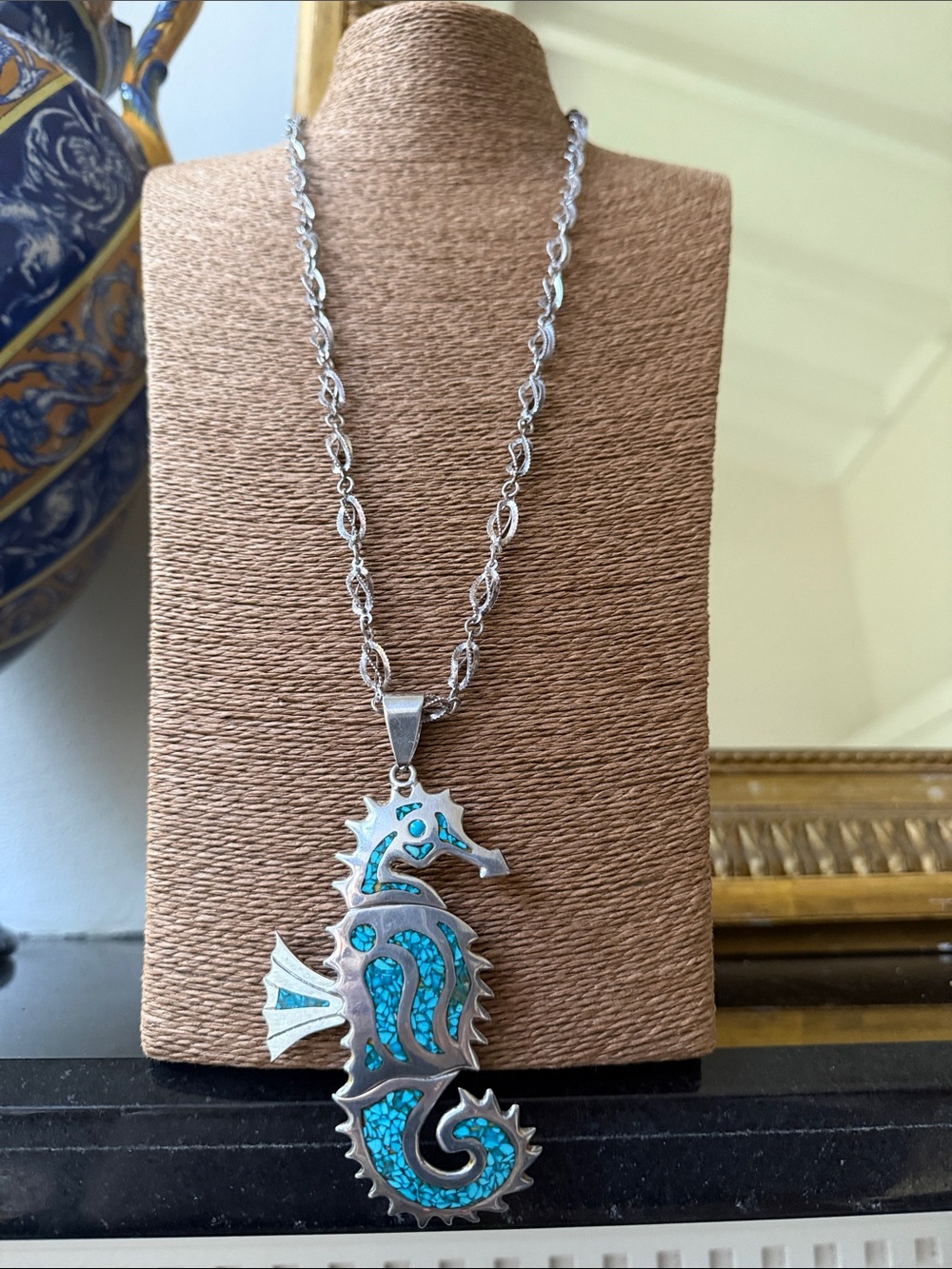 vintage sterling silver Seahorse inlaid turquoise pendant chain taxco eagle mark